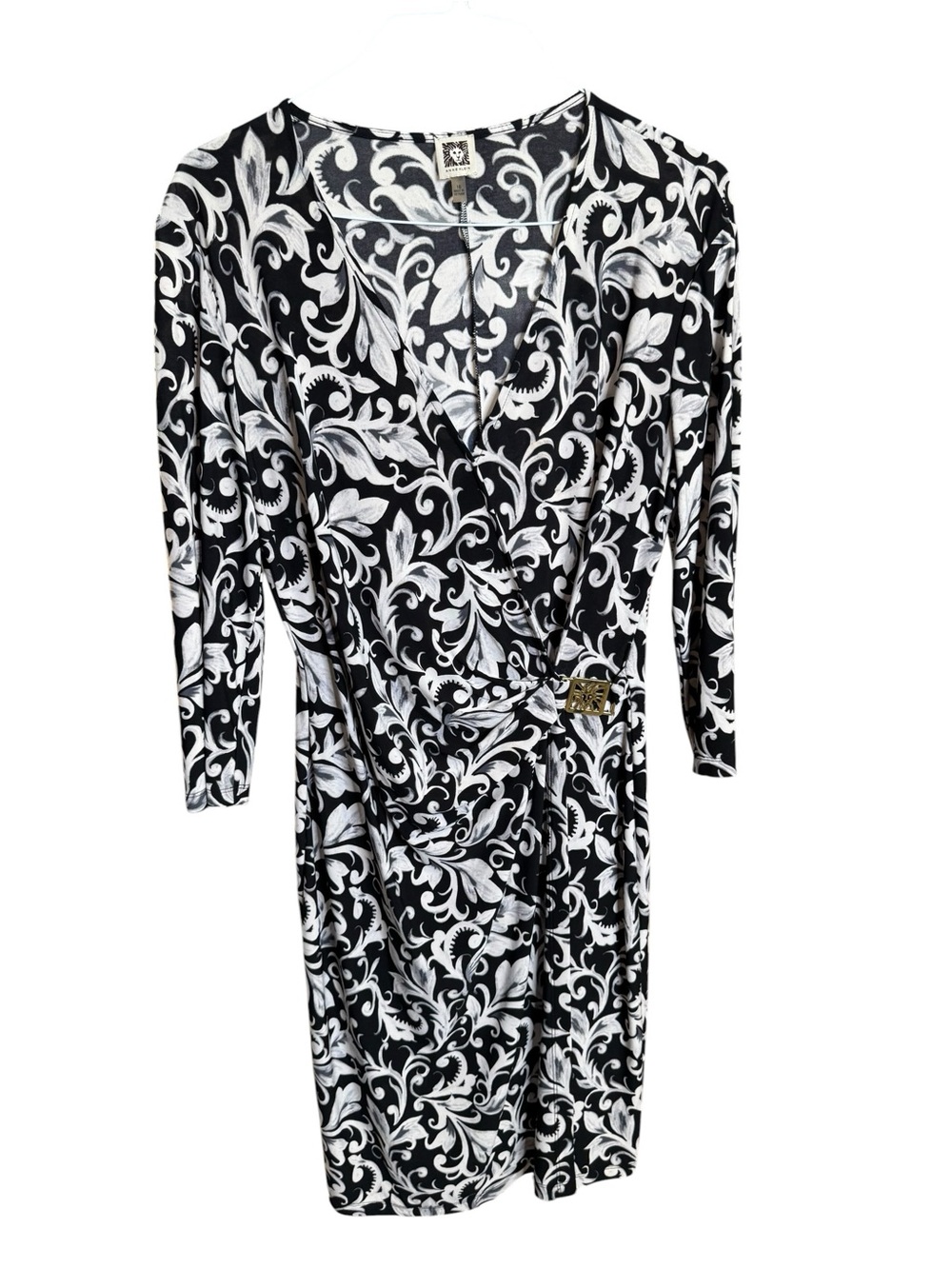 Anne Klein Black and White Swirl Print Faux Wrap Dress with Gold Buckle Detail